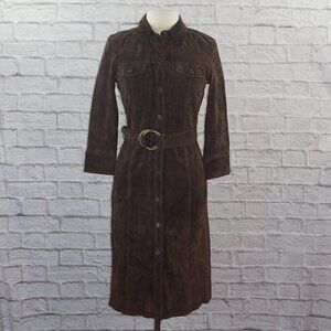 Vintage 90s Brown Suede Leather Belted Shirt Dress